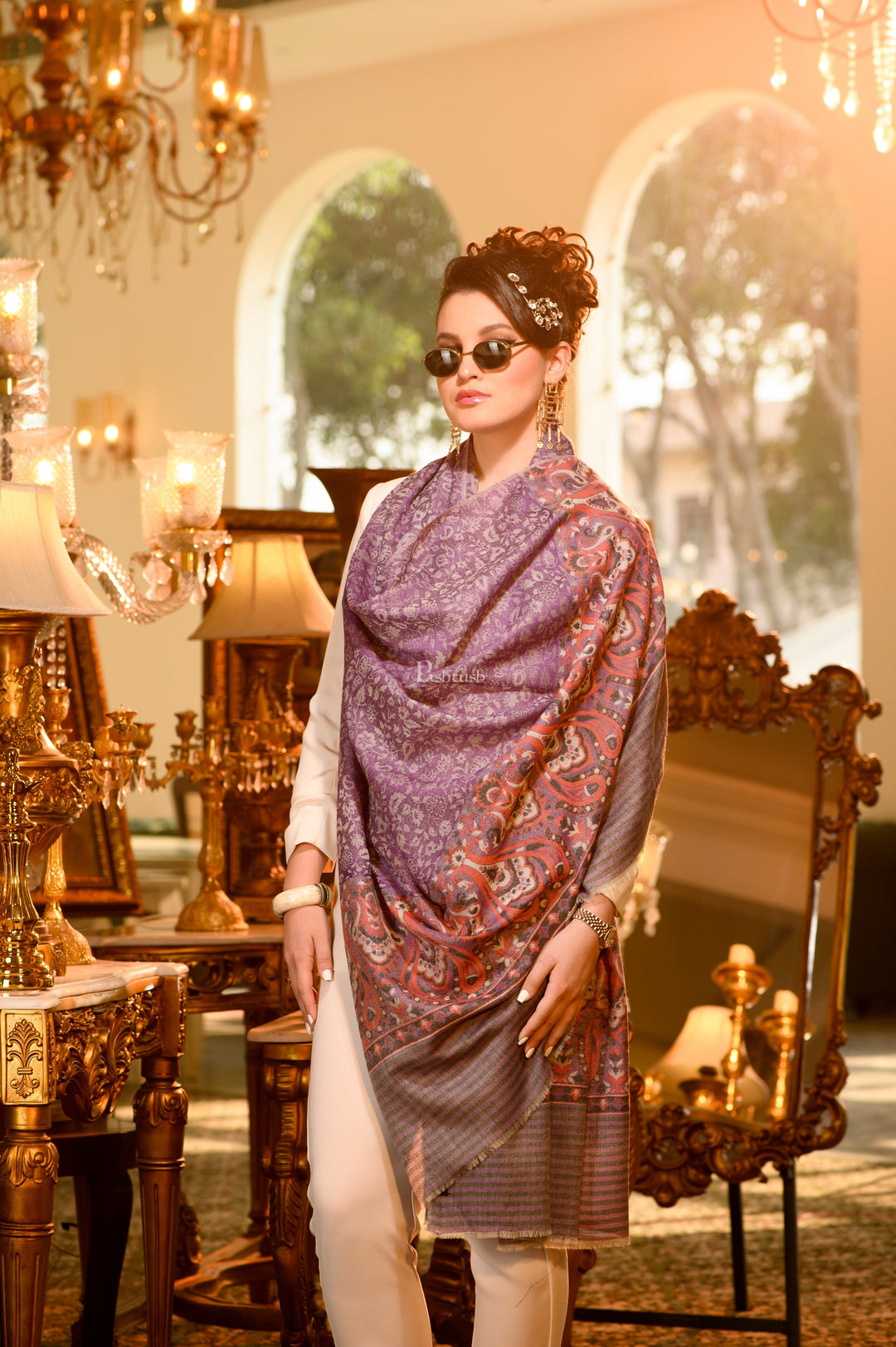 Pashtush India Womens Shawls Pashtush Womens Extra Fine Wool Shawl, Paisley weave palla Design, Purple