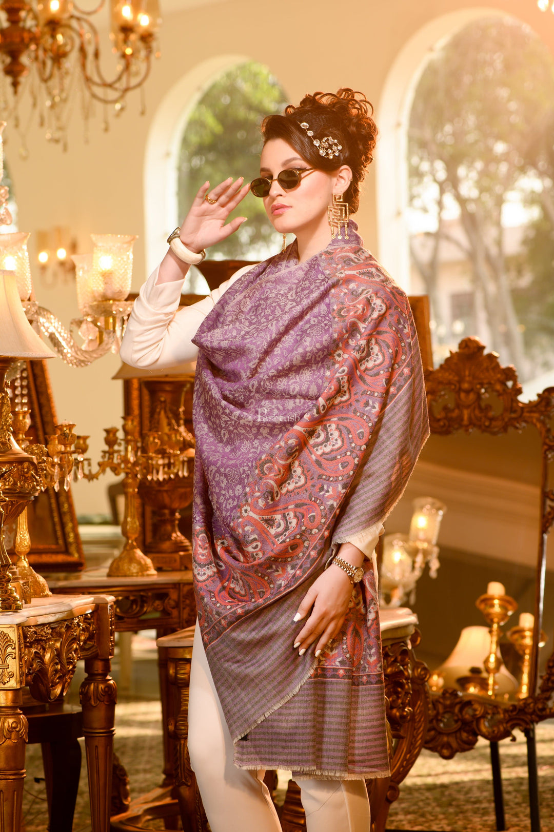 Pashtush India Womens Shawls Pashtush Womens Extra Fine Wool Shawl, Paisley weave palla Design, Purple