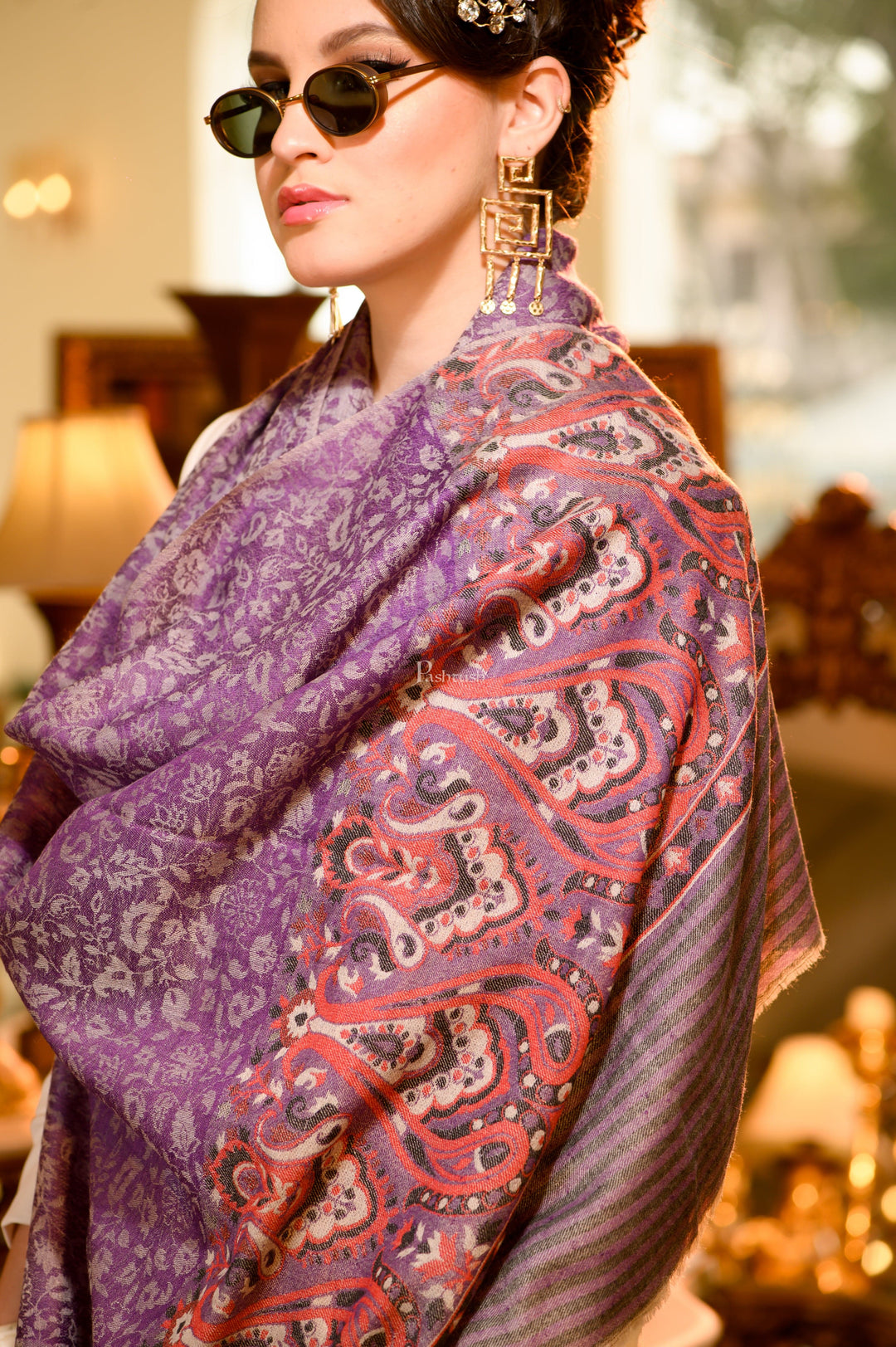 Pashtush India Womens Shawls Pashtush Womens Extra Fine Wool Shawl, Paisley weave palla Design, Purple