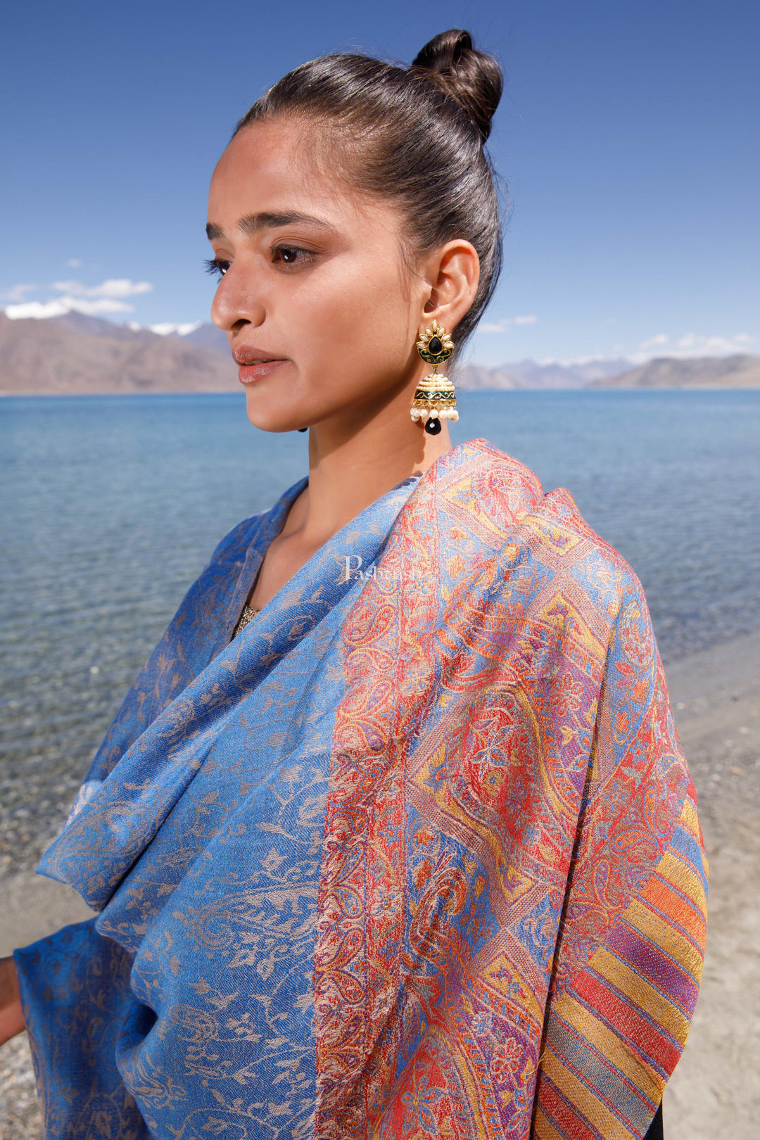 Pashtush India Womens Shawls Pashtush Womens Extra Fine Wool Shawl, Paisley Weave Palla, Woven Design, Arabic Sea Blue