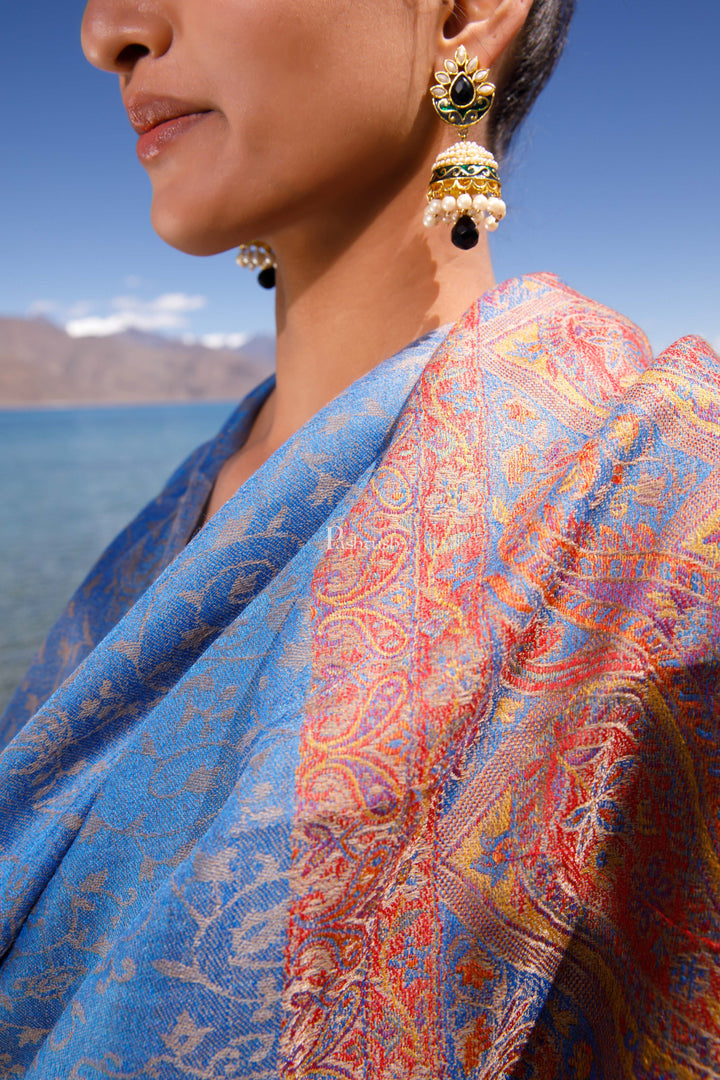 Pashtush India Womens Shawls Pashtush Womens Extra Fine Wool Shawl, Paisley Weave Palla, Woven Design, Arabic Sea Blue