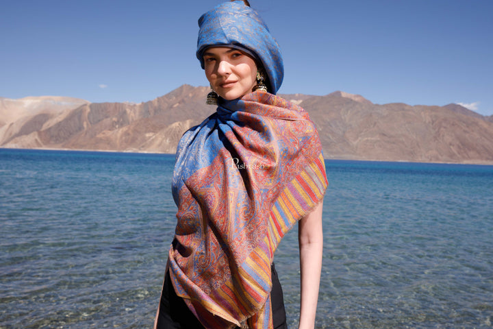 Pashtush India Womens Shawls Pashtush Womens Extra Fine Wool Shawl, Paisley Weave Palla, Woven Design, Arabic Sea Blue