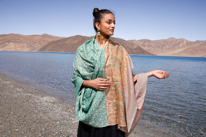 Pashtush India Womens Shawls Pashtush Womens Extra Fine Wool Shawl, Paisley Weave Palla, Woven Design, Mystical Green
