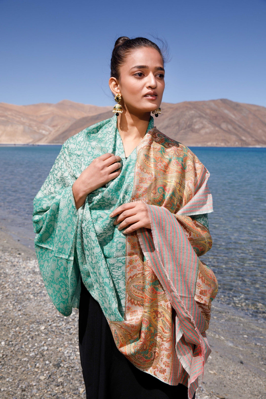 Pashtush Womens Extra Fine Wool Shawl, Solid Arabic Sea Green