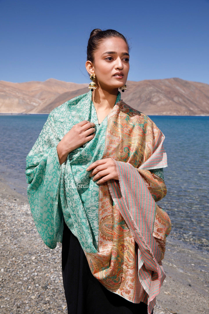 Pashtush India Womens Shawls Pashtush Womens Extra Fine Wool Shawl, Paisley Weave Palla, Woven Design, Mystical Green