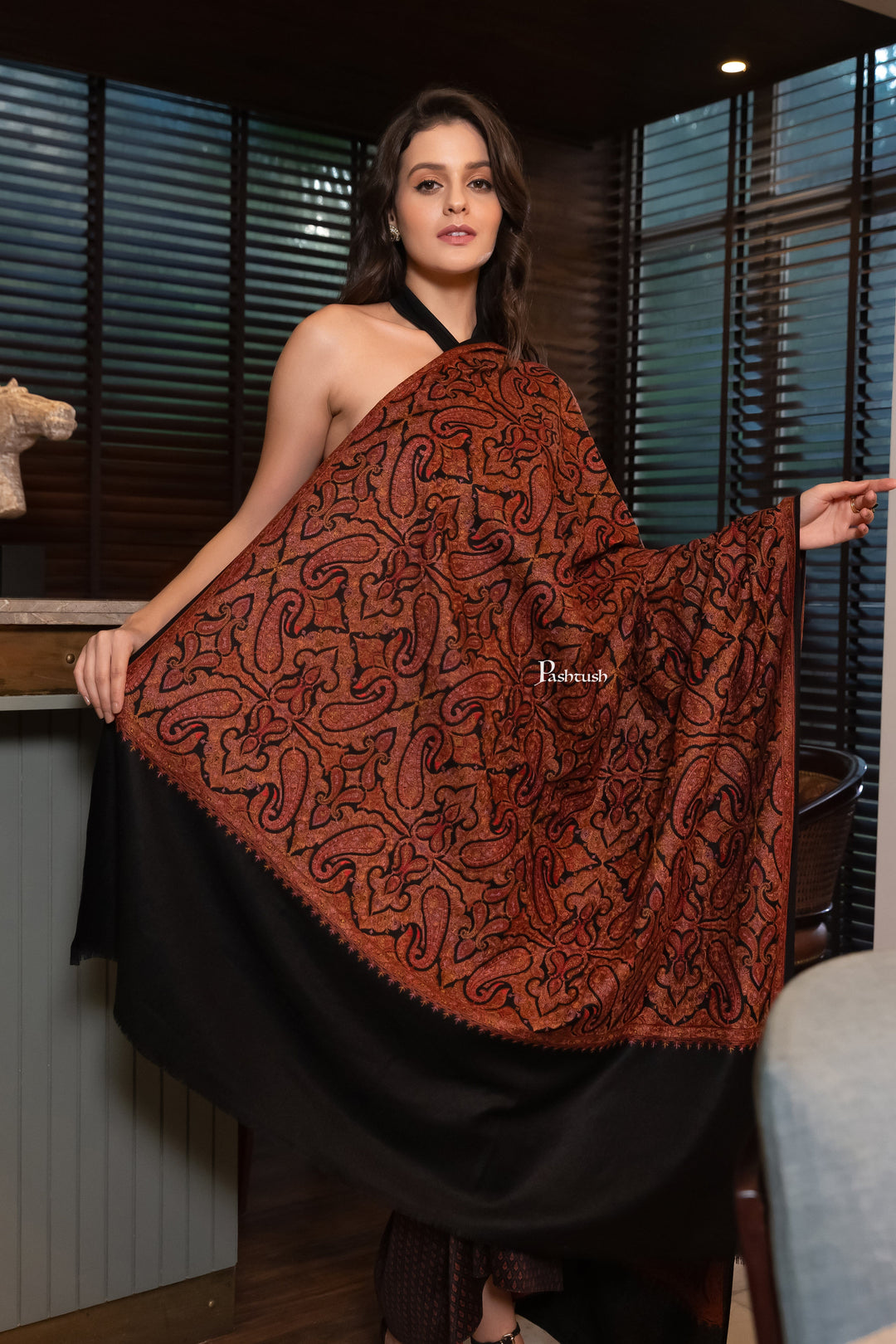 Pashtush India Womens Shawls Pashtush Womens Extra Fine Wool Shawl, Pasiley Design, Black