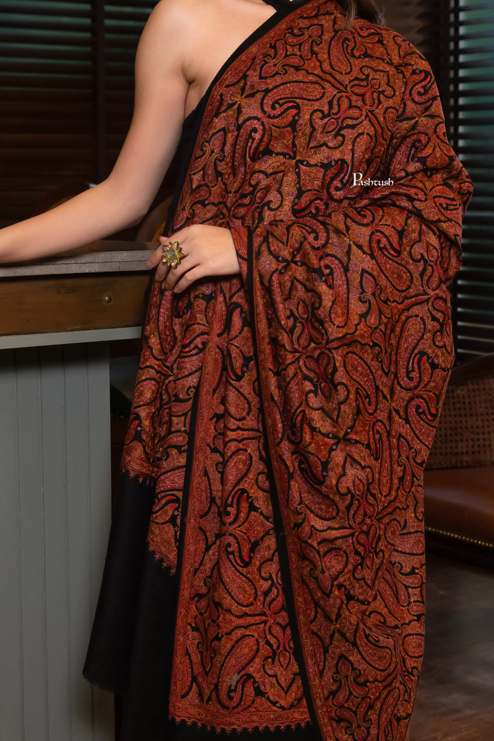 Pashtush India Womens Shawls Pashtush Womens Extra Fine Wool Shawl, Pasiley Design, Black