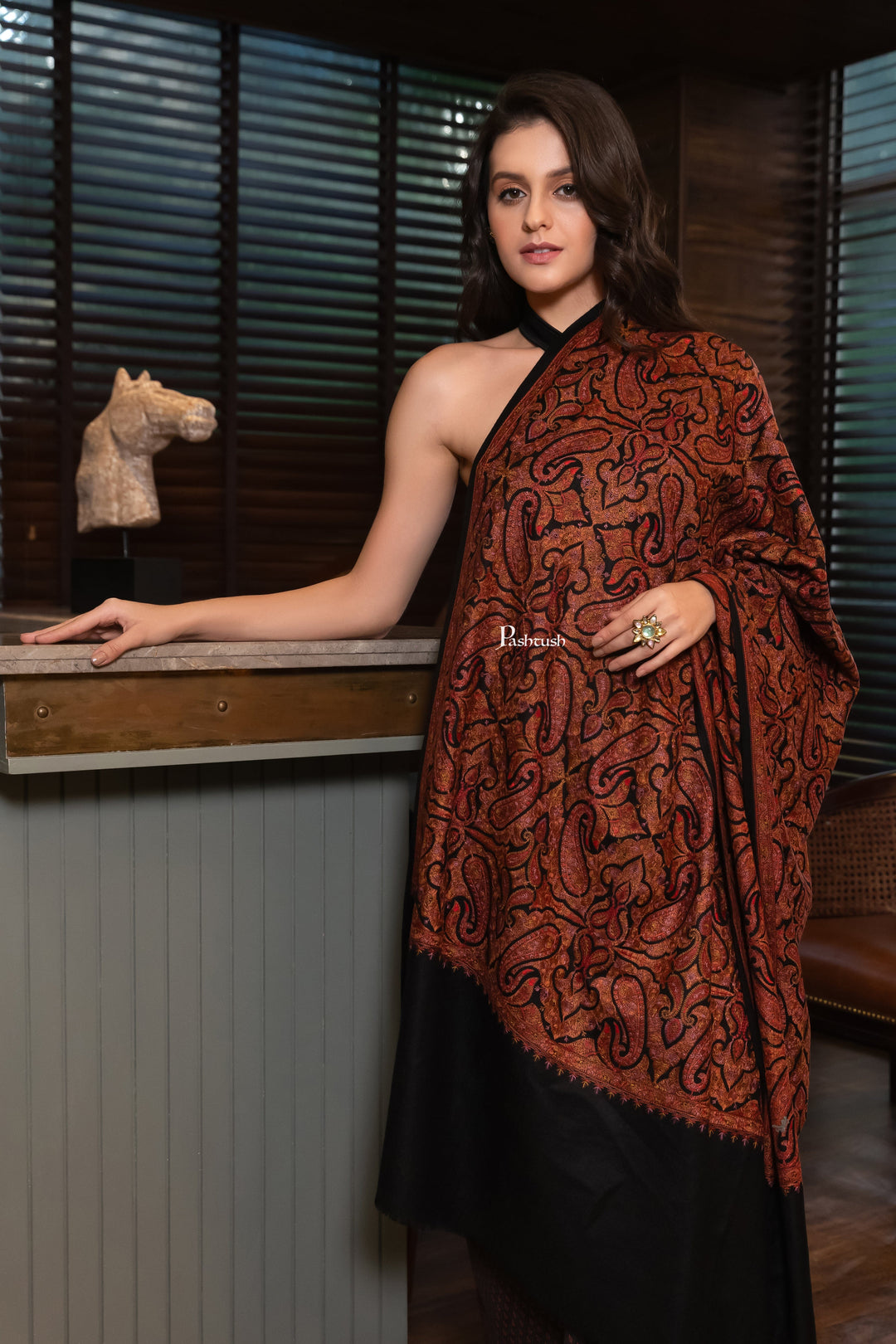 Pashtush India Womens Shawls Pashtush Womens Extra Fine Wool Shawl, Pasiley Design, Black