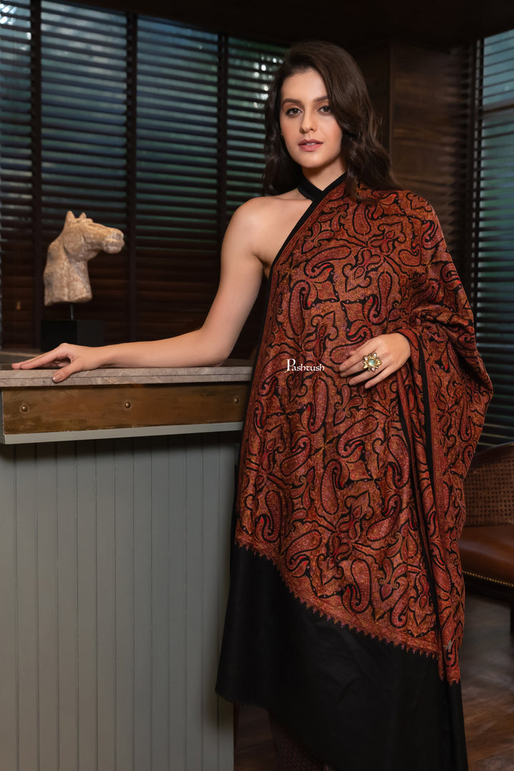 Pashtush India Womens Shawls Pashtush Womens Extra Fine Wool Shawl, Pasiley Design, Black