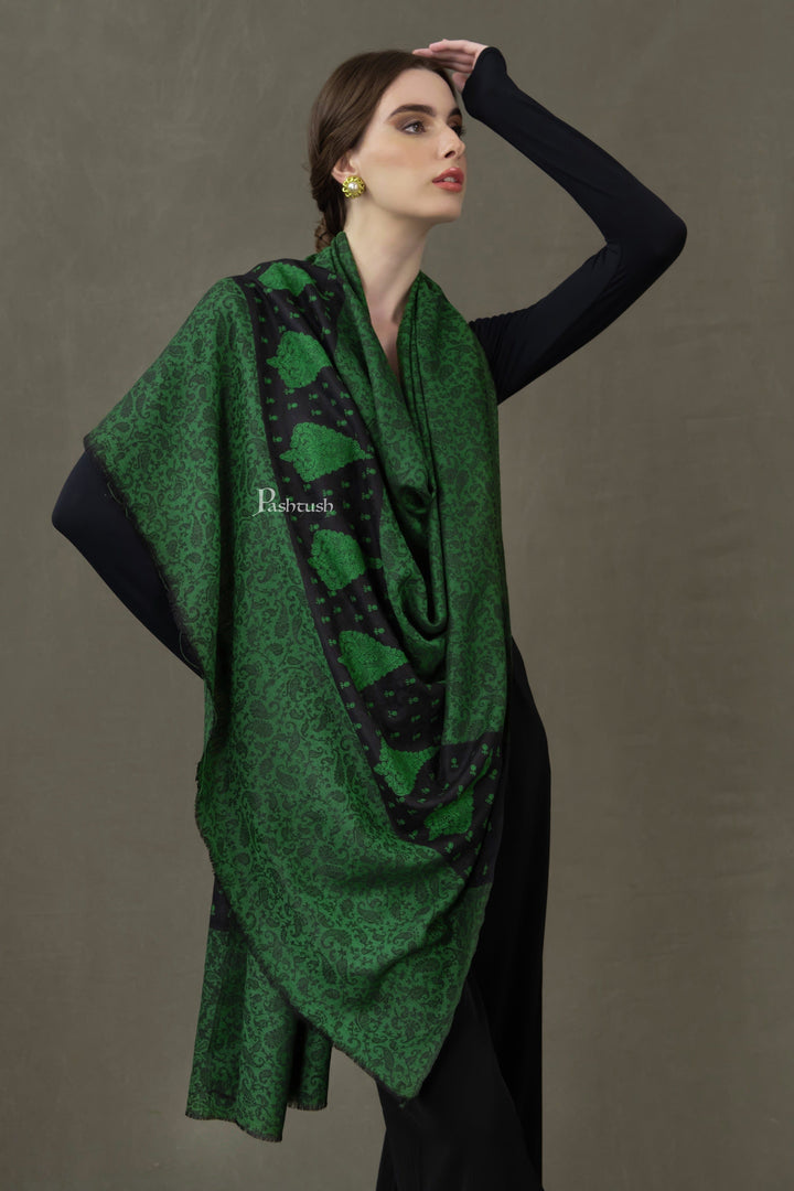 Pashtush India Womens Shawls Pashtush Womens Extra Fine Wool Shawl, Pasiley Embroidery Palla Design, Green