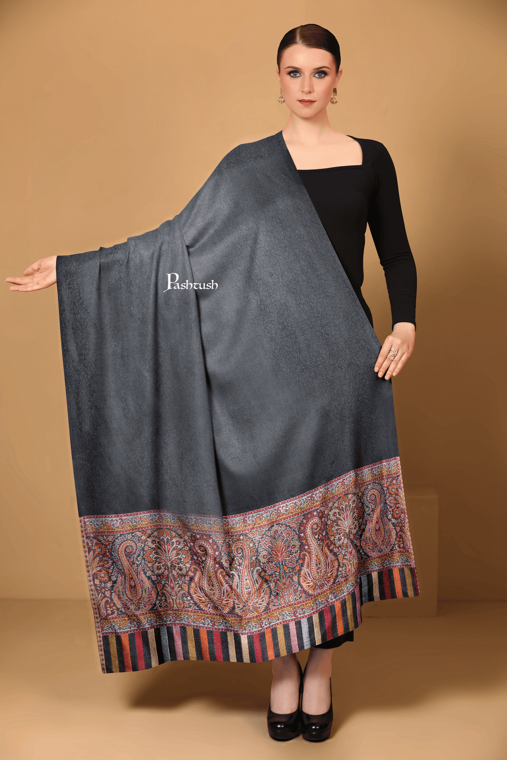 Pashtush India Womens Shawls Pashtush Womens Extra Fine Wool Shawl, Pasiley Palla Design, Black