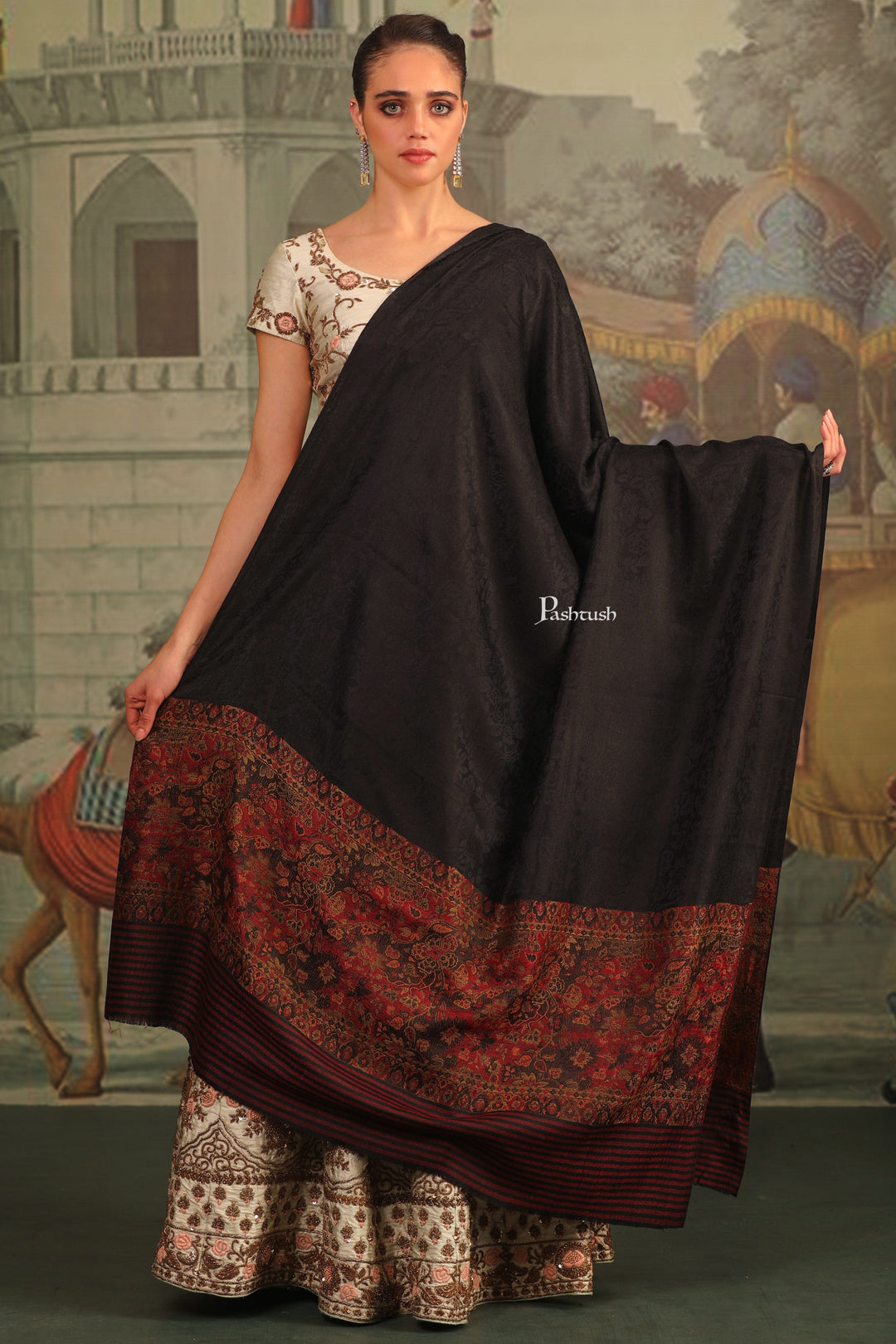 Pashtush India Womens Shawls Pashtush Womens Extra Fine Wool Shawl, Pasiley Palla Design, Black