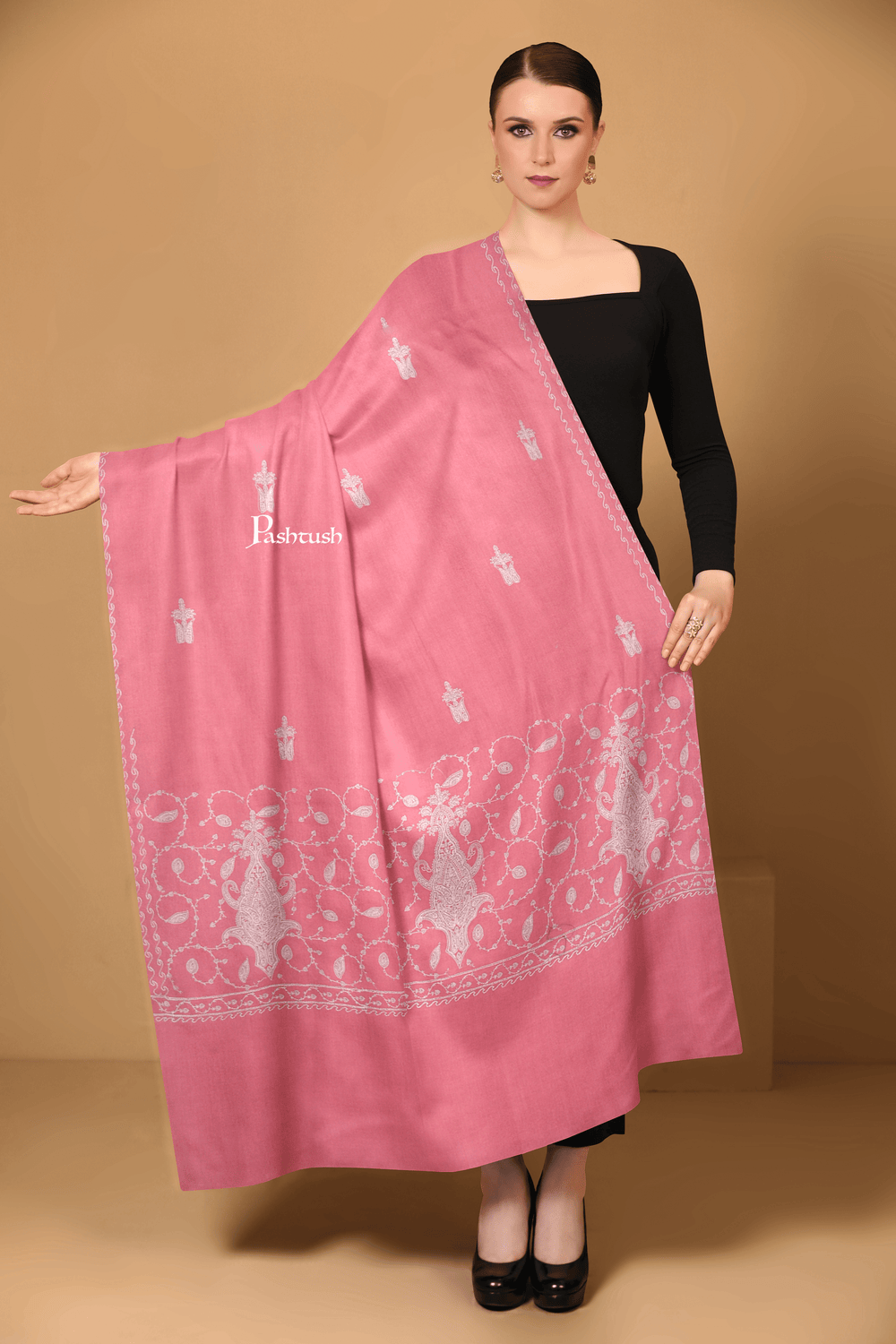 Pashtush India Womens Shawls Pashtush Womens Extra Fine Wool Shawl, Pasiley Palla Design, Morning Rose