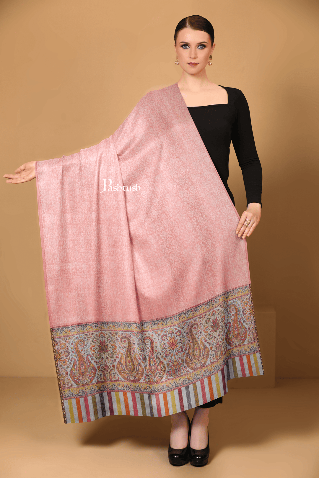 Pashtush India Womens Shawls Pashtush Womens Extra Fine Wool Shawl, Pasiley Palla Design, Pink