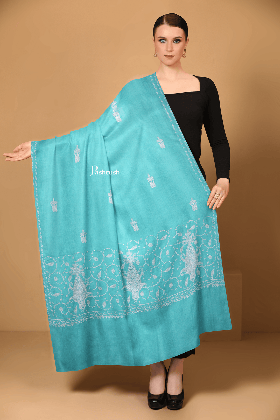 Pashtush India Womens Shawls Pashtush Womens Extra Fine Wool Shawl, Pasiley Palla Design, Seagreen