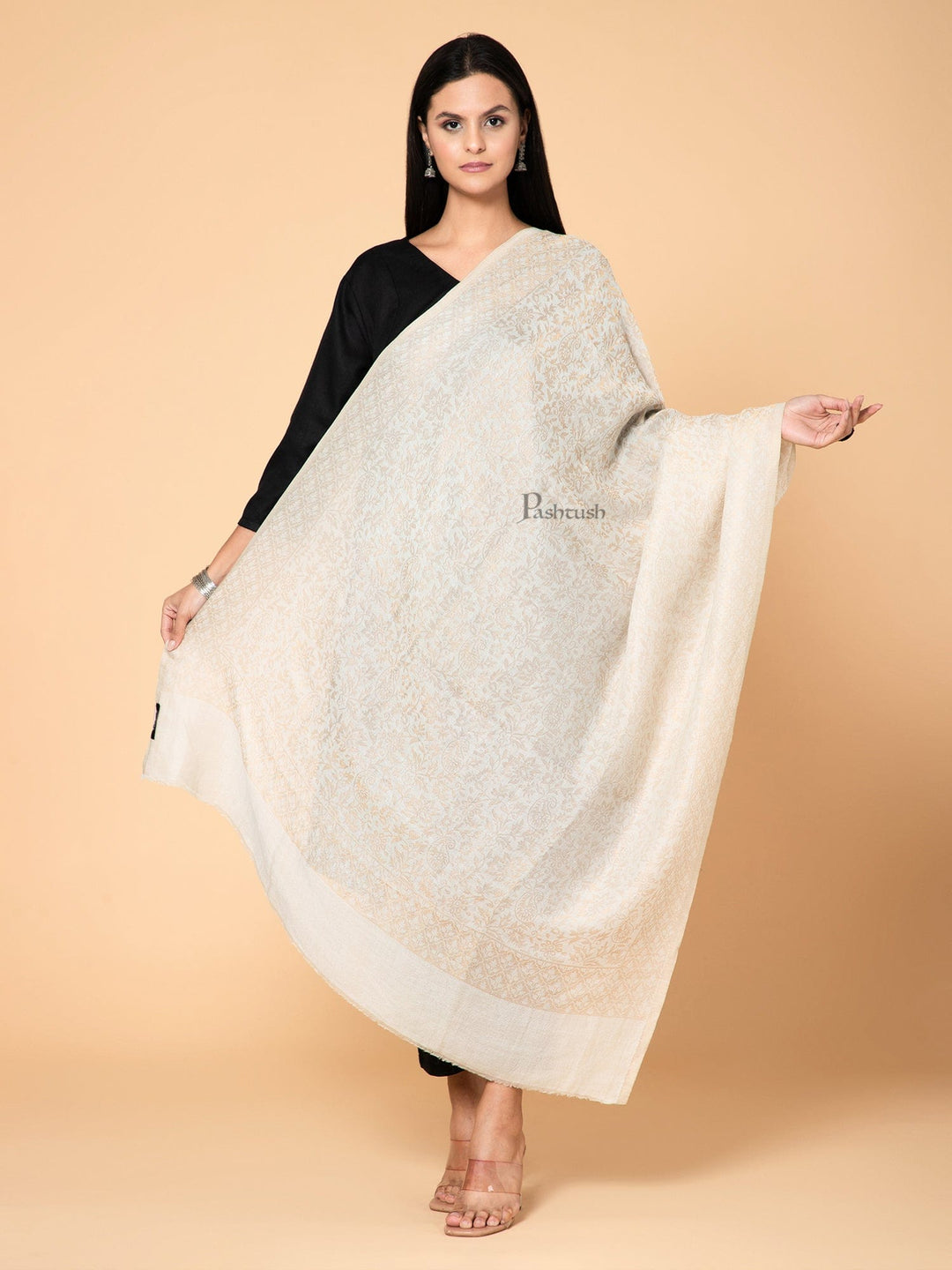 Pashtush India Womens Shawls Pashtush Womens Extra Fine Wool Shawl, Pasiley Weave Design, Emily Ivory