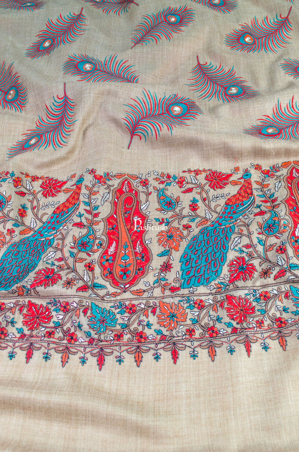 Pashtush India Womens Shawls Pashtush Womens Extra Fine Wool Shawl, Peacock Silky Embroidery Design, Beige