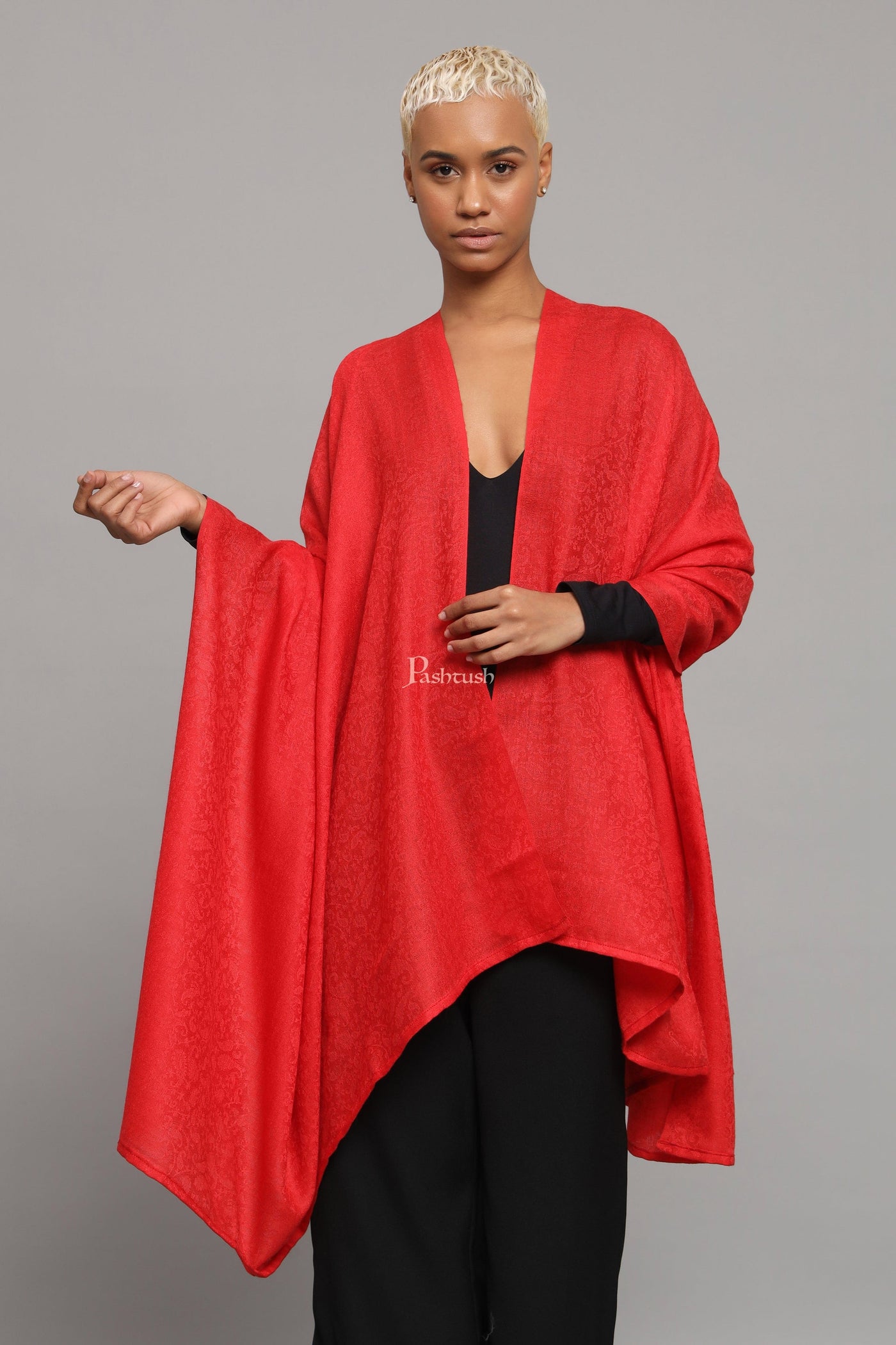 Pashtush Womens Extra Fine Wool Shawl, Self Paisley Weave Design, Red Pashtush Shawl Store