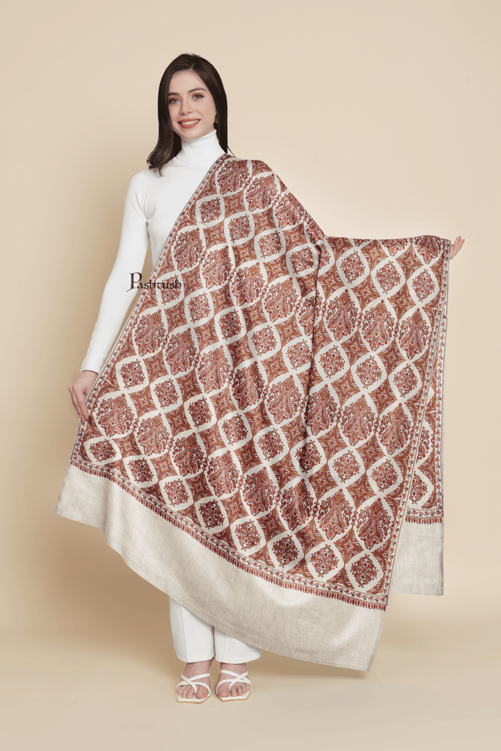 Pashtush India Womens Shawls Pashtush Womens Extra Fine Wool Shawl, Silky Embroidery Kashmiri Jaal Design, Beige