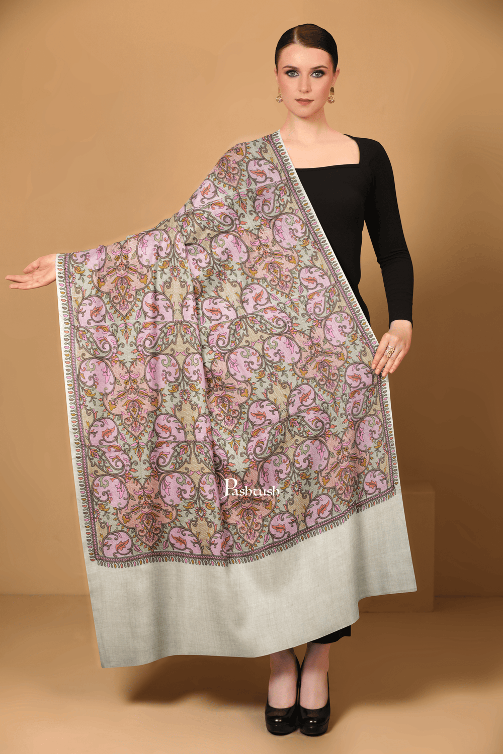 Pashtush India Womens Shawls Pashtush Womens Extra Fine Wool Shawl, Silky Embroidery Kashmiri Jaal Design, Beige And Blue