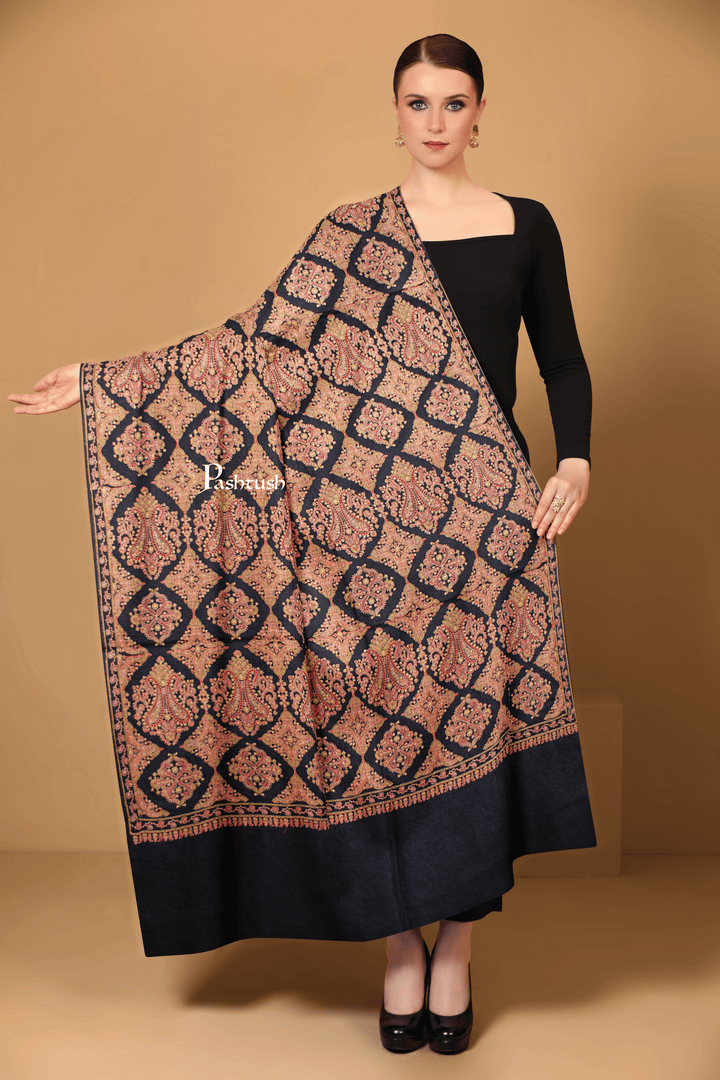 Pashtush India Womens Shawls Pashtush Womens Extra Fine Wool Shawl, Silky Embroidery Kashmiri Jaal Design, Black