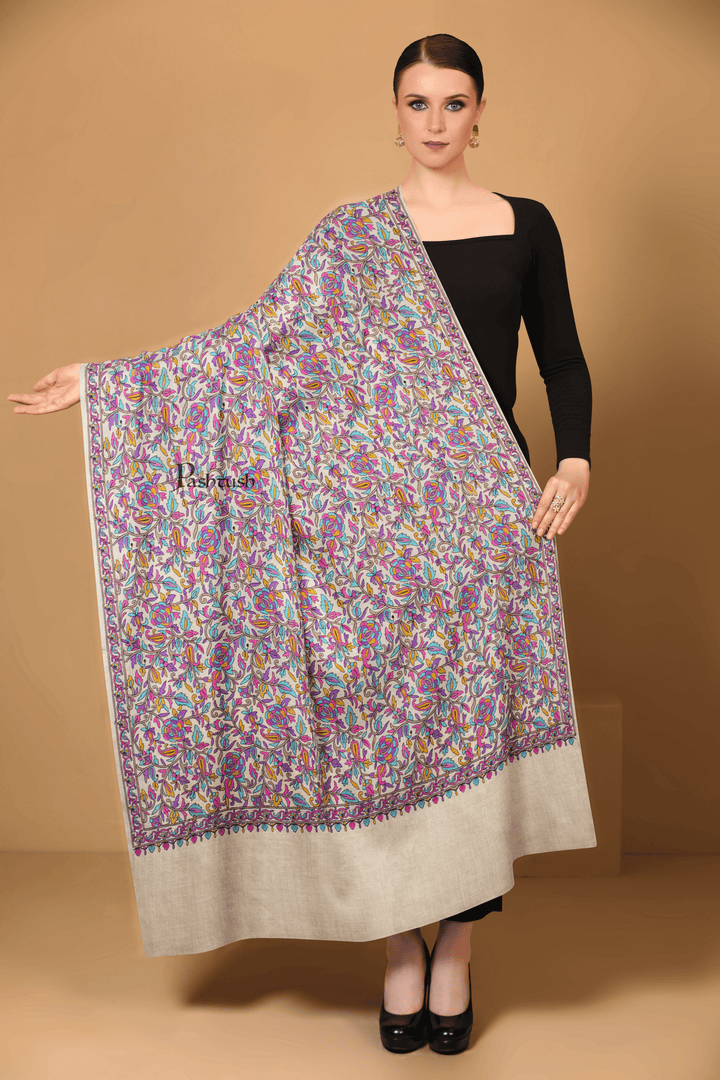 Pashtush India Womens Shawls Pashtush Womens Extra Fine Wool Shawl, Silky Embroidery Kashmiri Jaal Design, Light Beige
