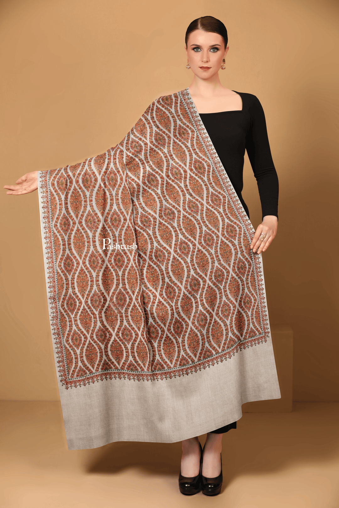 Pashtush India Womens Shawls Pashtush Womens Extra Fine Wool Shawl, Silky Embroidery Kashmiri Jaal Design, Taupe