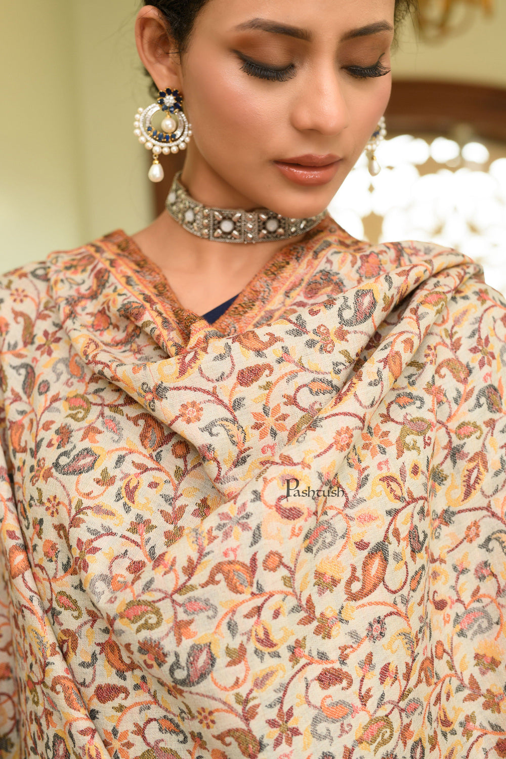 Pashtush India Womens Shawls Pashtush Womens Extra Fine Wool Shawl, Soft, Ethnic Weave Design Design, Beige