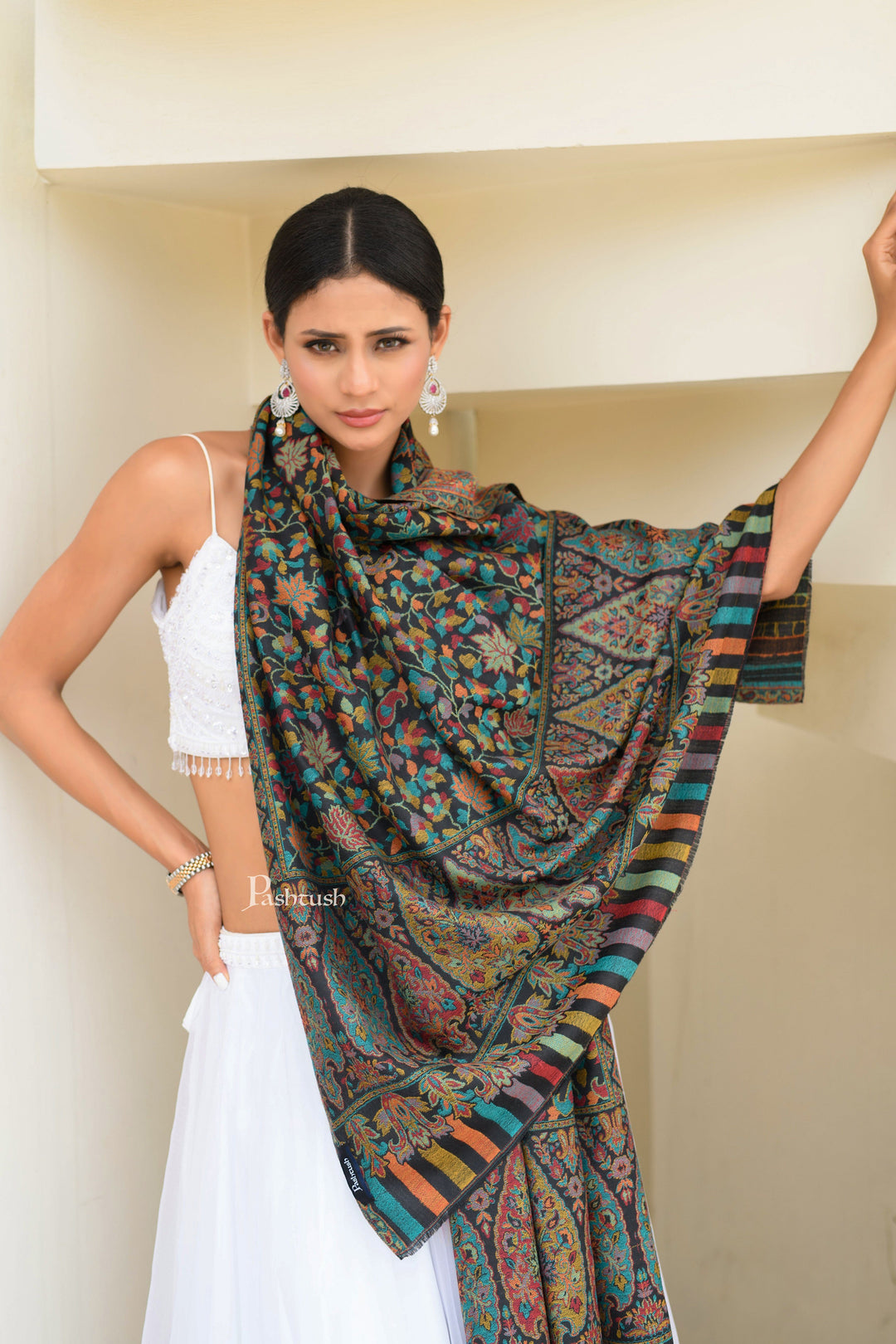 Pashtush India Womens Shawls Pashtush Womens Extra Fine Wool Shawl, Soft, Ethnic Weave Design Design, Black