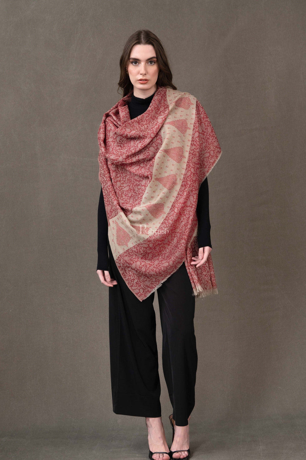 Pashtush India Womens Shawls Pashtush Womens Extra Fine Wool Shawl, Soft Tone On Tone Embroidery Design, Beige And Maroon