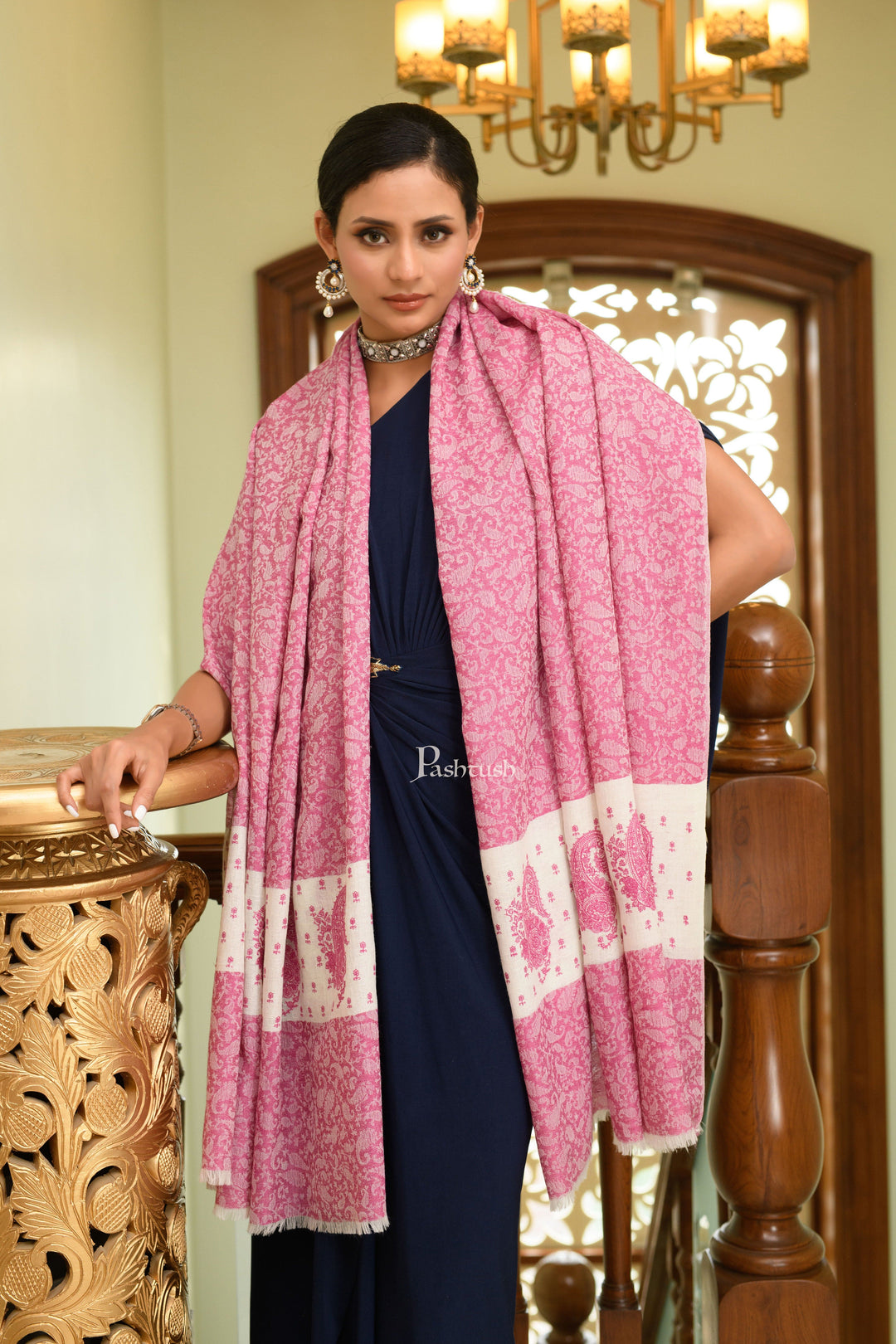 Pashtush India Womens Shawls Pashtush Womens Extra Fine Wool Shawl, Soft Tone On Tone Embroidery Design, Majenta