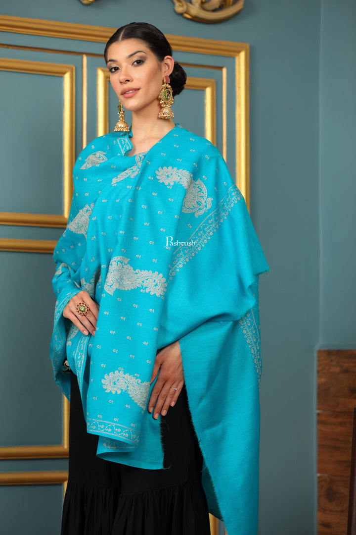 Pashtush India Womens Shawls Pashtush Womens Extra Fine Wool Shawl, Tone And Tone Ambi Design, Arabic Sea Blue