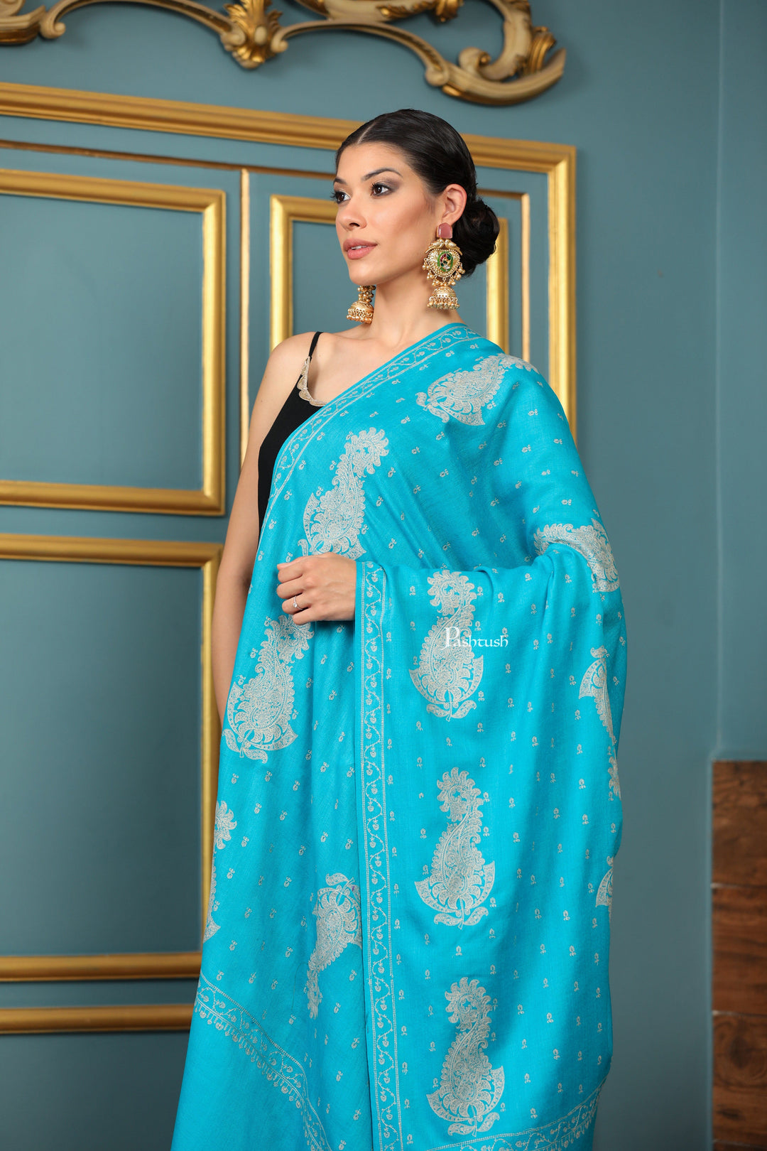 Pashtush India Womens Shawls Pashtush Womens Extra Fine Wool Shawl, Tone And Tone Ambi Design, Arabic Sea Blue