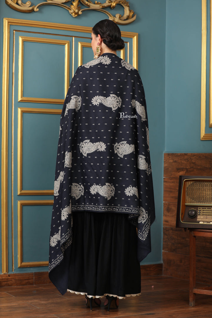 Pashtush India Womens Shawls Pashtush Womens Extra Fine Wool Shawl, Tone And Tone Ambi Design, Black