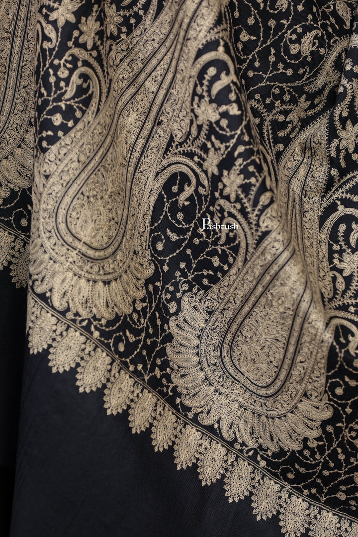 Pashtush India Womens Shawls Pashtush Womens Extra Fine Wool Shawl, Tone And Tone Ambi Design, Black