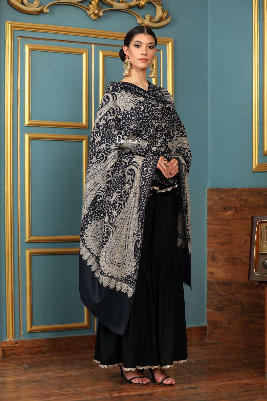 Pashtush India Womens Shawls Pashtush Womens Extra Fine Wool Shawl, Tone And Tone Ambi Design, Black