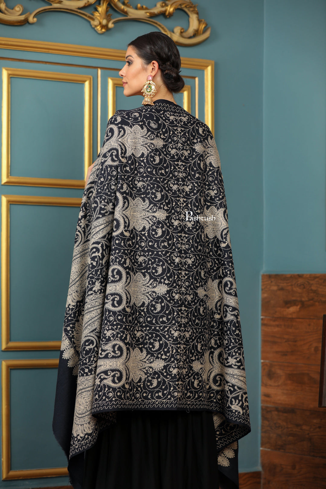 Pashtush India Womens Shawls Pashtush Womens Extra Fine Wool Shawl, Tone And Tone Ambi Design, Black