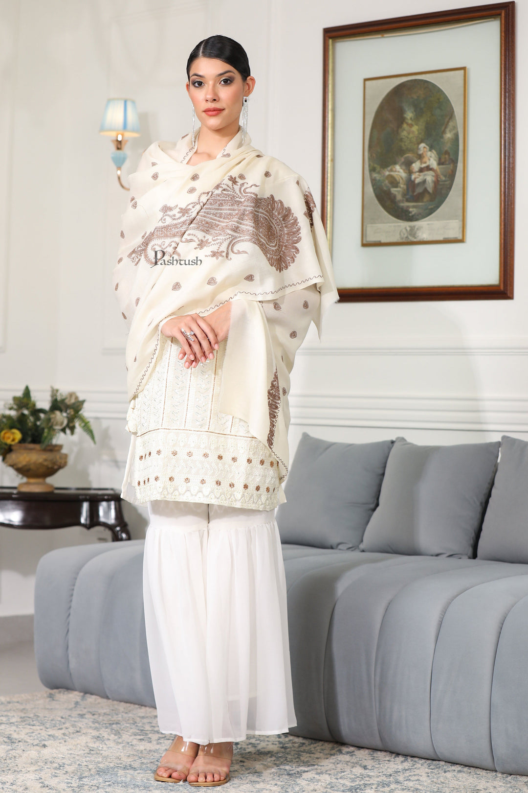 Pashtush India Womens Shawls Pashtush Womens Extra Fine Wool Shawl, Tone And Tone Ambi Design, Ivory