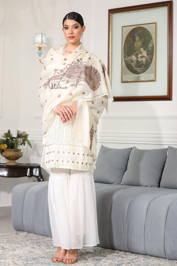 Pashtush India Womens Shawls Pashtush Womens Extra Fine Wool Shawl, Tone And Tone Ambi Design, Ivory
