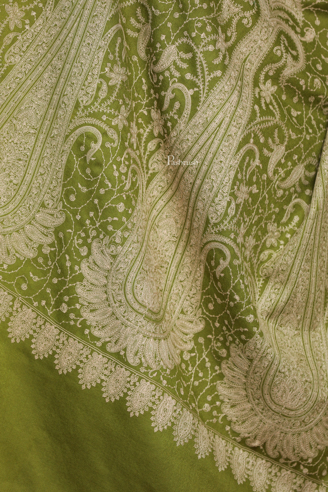 Pashtush India Womens Shawls Pashtush Womens Extra Fine Wool Shawl, Tone And Tone Ambi Design, Olive-green