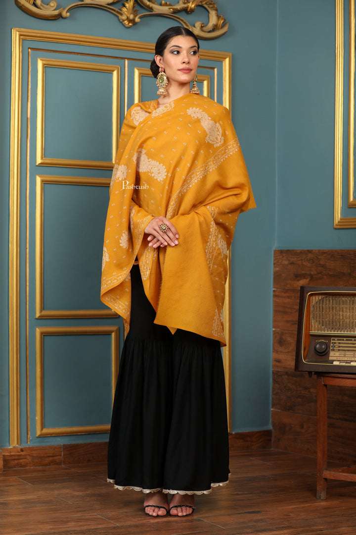 Pashtush India Womens Shawls Pashtush Womens Extra Fine Wool Shawl, Tone And Tone Ambi Design, Yellow