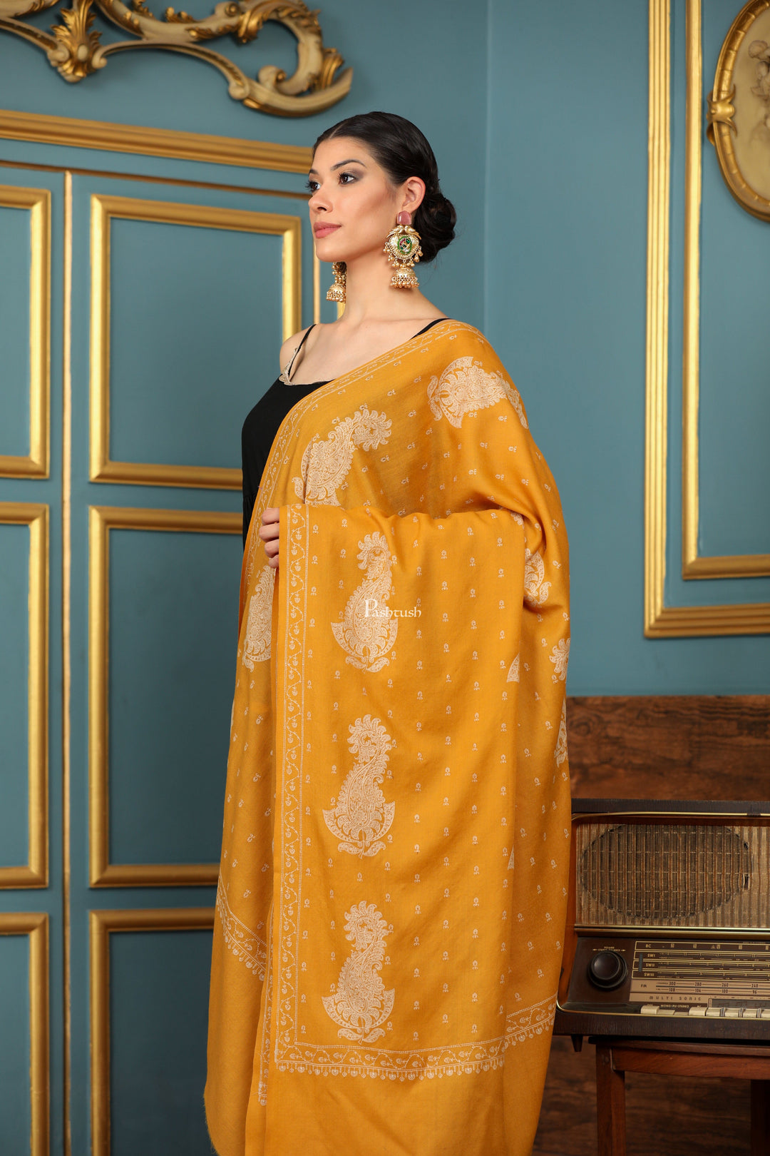 Pashtush India Womens Shawls Pashtush Womens Extra Fine Wool Shawl, Tone And Tone Ambi Design, Yellow