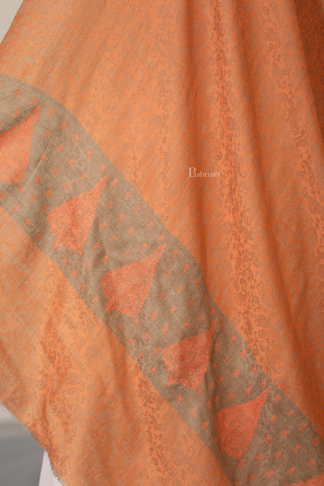 Pashtush India Womens Shawls Pashtush Womens Extra Fine Wool Shawl, Tone On Tone Embroidery Design, Peach