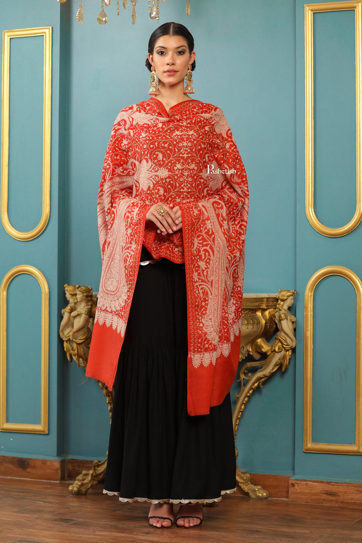 Pashtush India Womens Shawls Pashtush Womens Extra Fine Wool Shawl, Tone On Tone Embroidery Large Paisleys Design, Amber