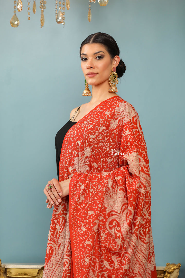 Pashtush India Womens Shawls Pashtush Womens Extra Fine Wool Shawl, Tone On Tone Embroidery Large Paisleys Design, Amber