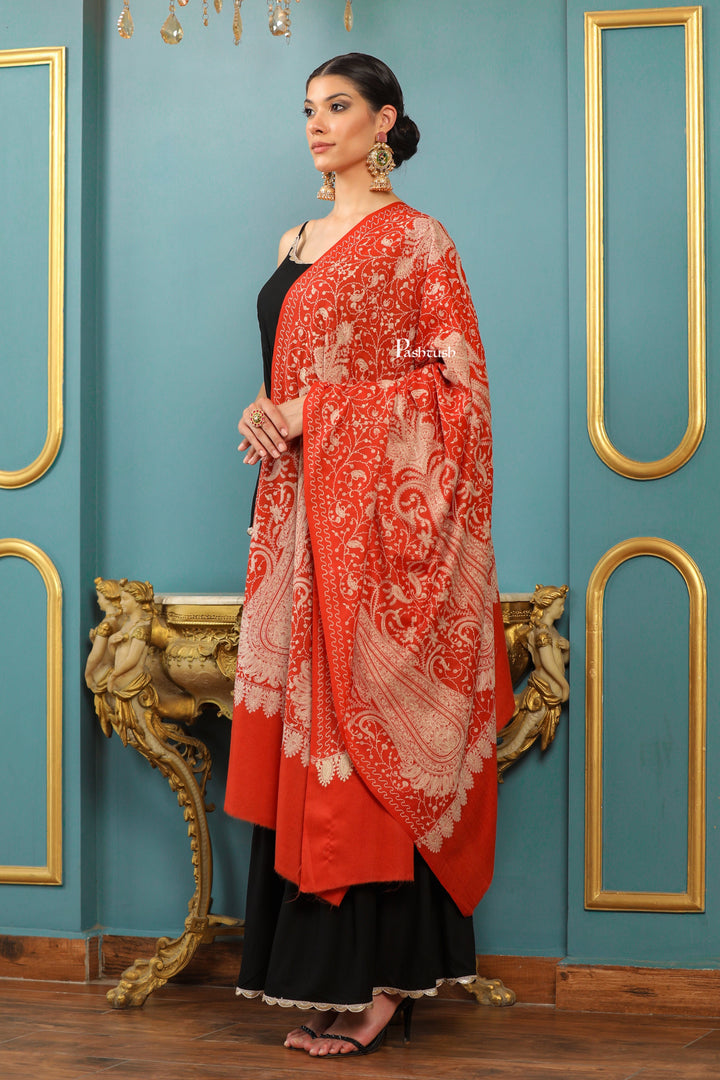 Pashtush India Womens Shawls Pashtush Womens Extra Fine Wool Shawl, Tone On Tone Embroidery Large Paisleys Design, Amber
