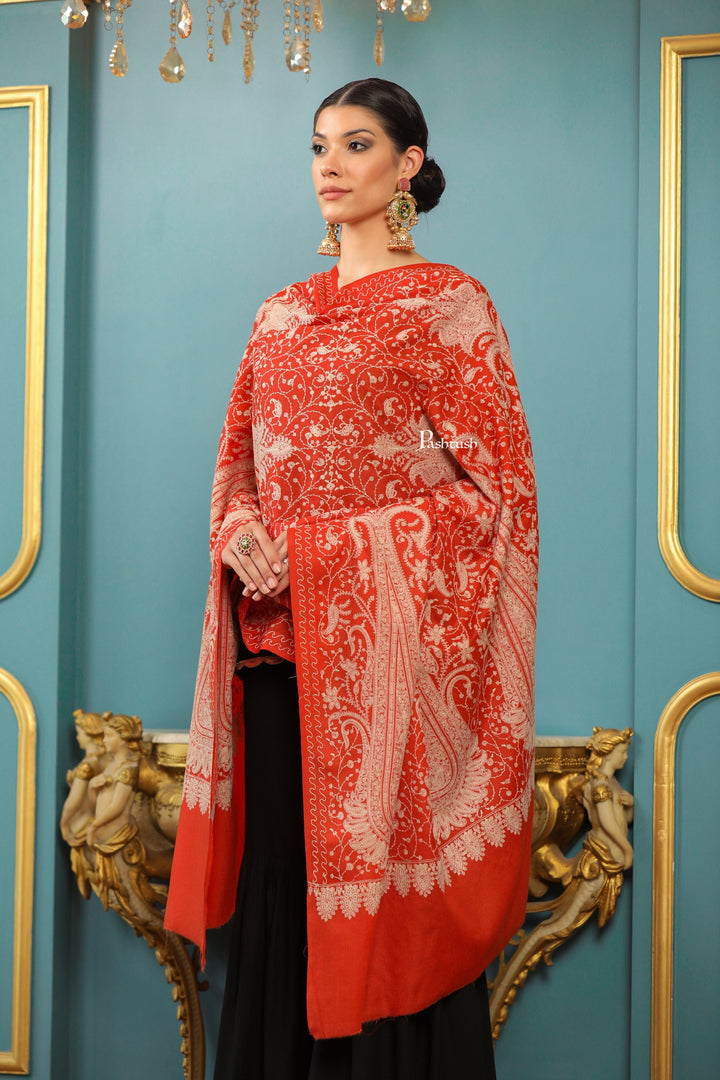 Pashtush India Womens Shawls Pashtush Womens Extra Fine Wool Shawl, Tone On Tone Embroidery Large Paisleys Design, Amber