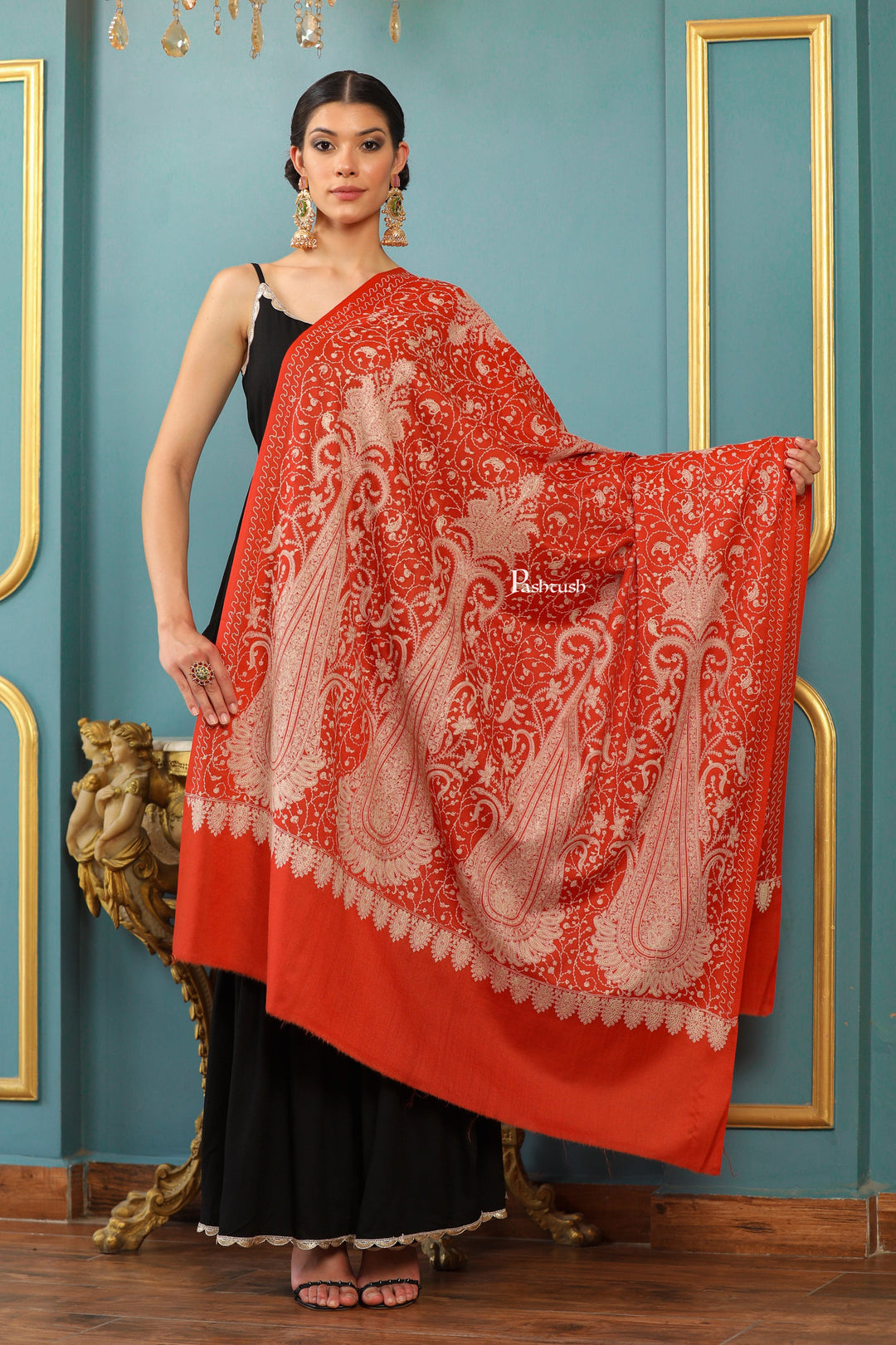 Pashtush India Womens Shawls Pashtush Womens Extra Fine Wool Shawl, Tone On Tone Embroidery Large Paisleys Design, Amber