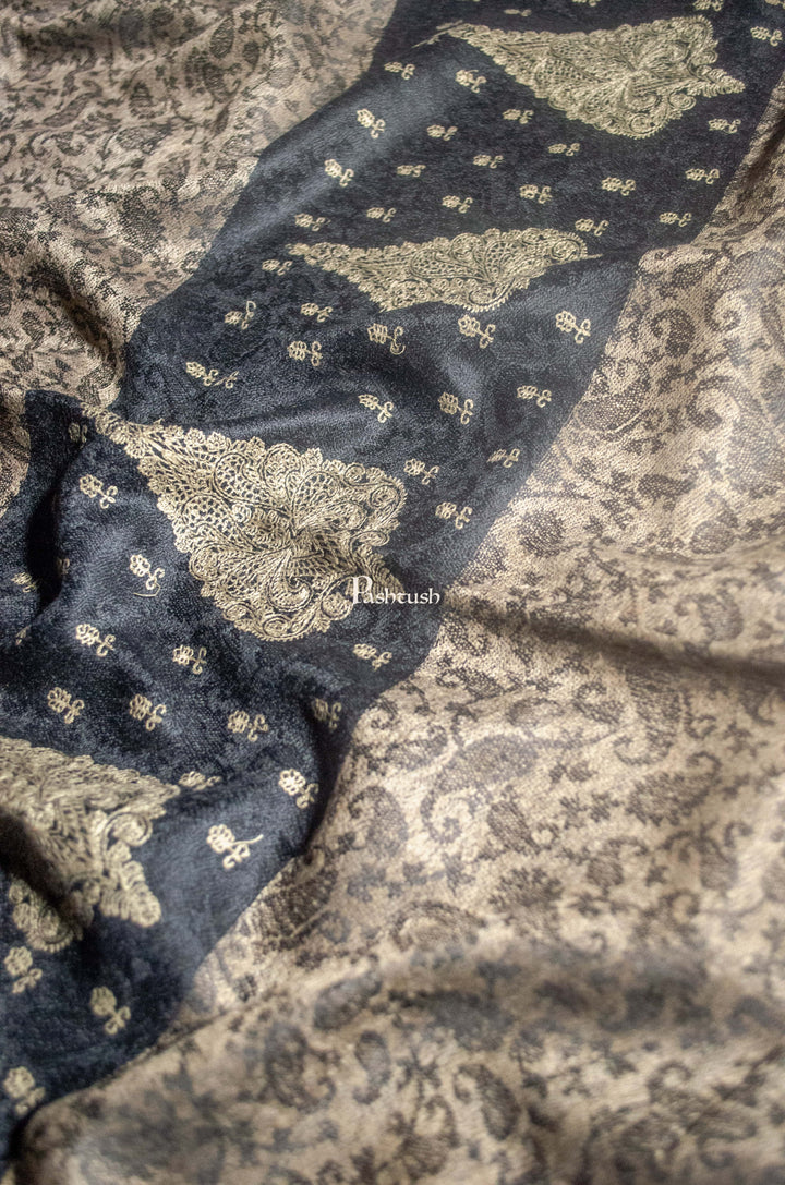 Pashtush India Womens Shawls Pashtush Womens Extra Fine Wool Shawl, Tone On Tone Embroidery, Paisley Palla Design, Black