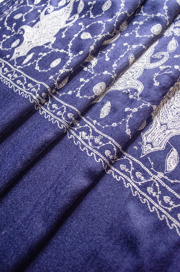 Pashtush India Womens Shawls Pashtush Womens Extra Fine Wool Shawl, Tone On Tone Embroidery Palla Design, Blue